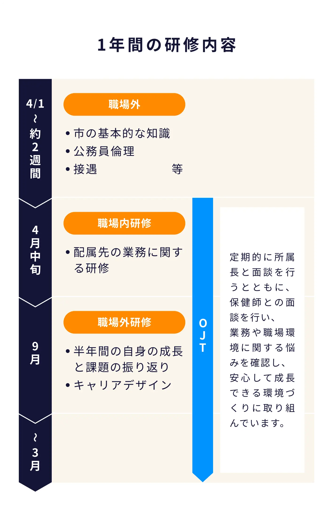 宇都宮市職員の1年間の研修内容を月ごとに記載したプロセス図